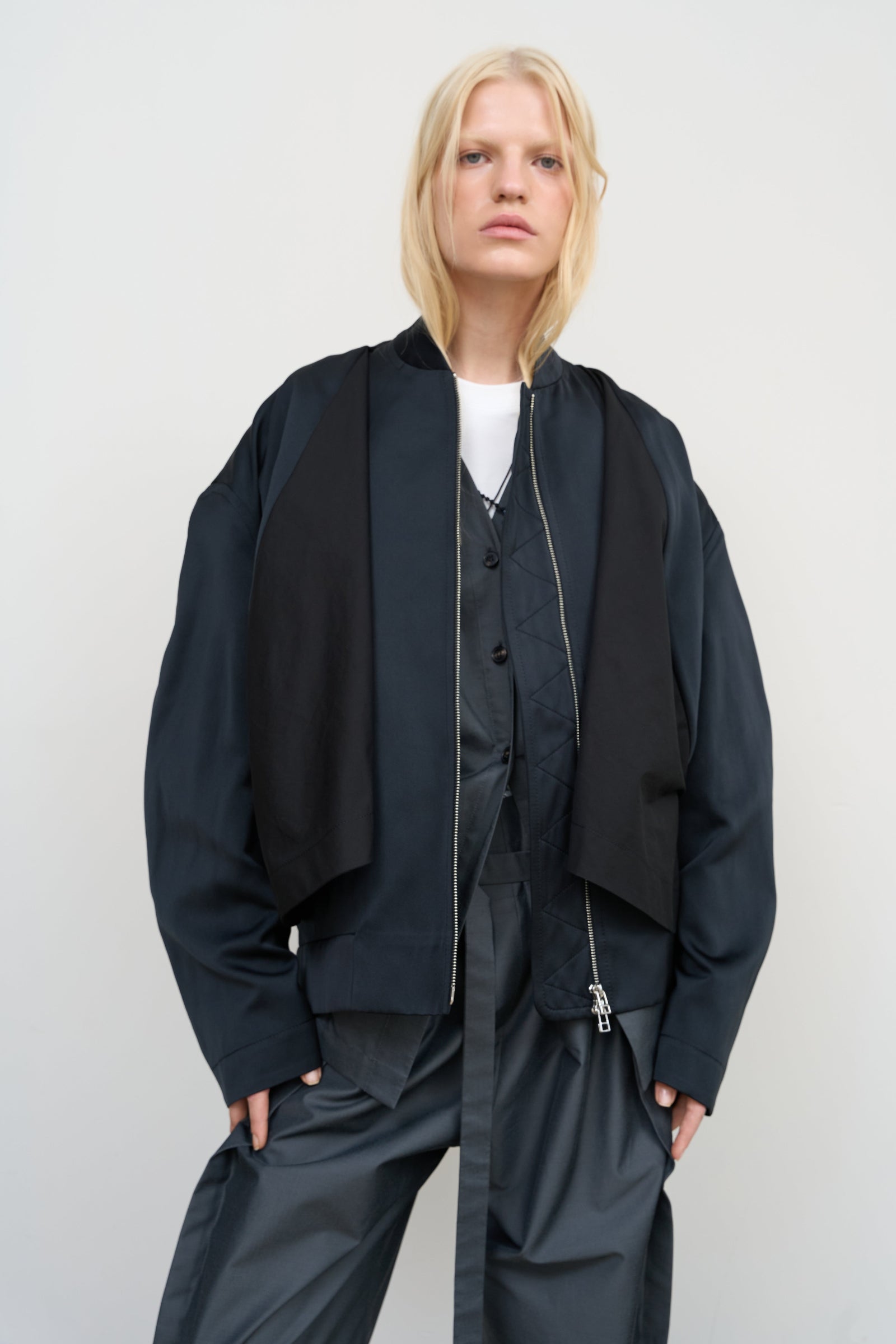 BLACK CAPE OVERLAY BOMBER JACKET