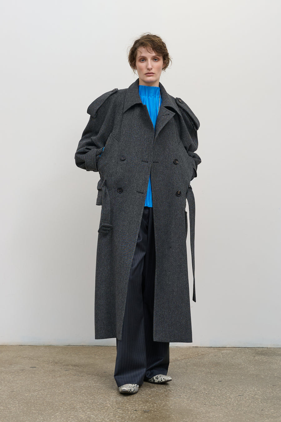 BELTED WOOL-BLEND COAT WITH CAPELET DETAIL