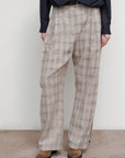 CHECKED PANTS WITH FRAYED-EDGE SIDE STRIPES