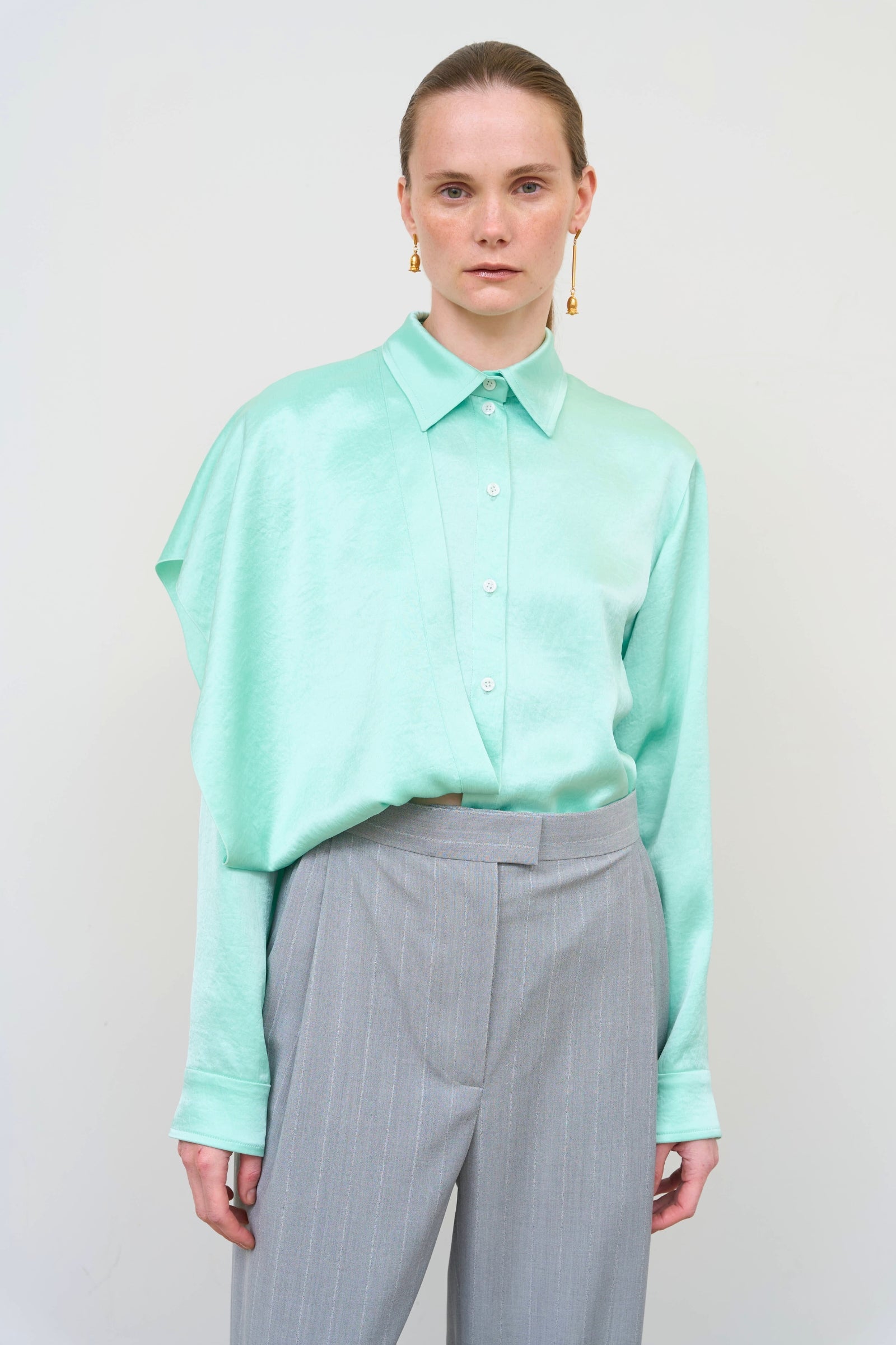 トップス machatt Italian tuck memory blouse Layered Blouse with Scarf Detail in Mint | LITKOVSKA