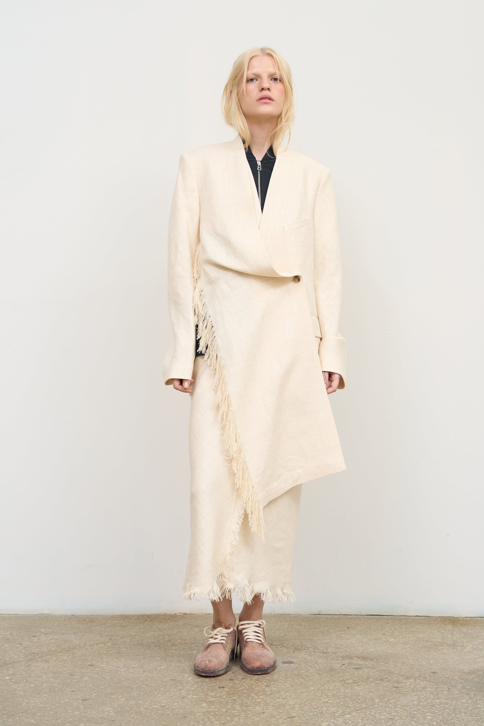 Linen Blend Jacket with Knee-Length Scarf and Fringe Detail 1
