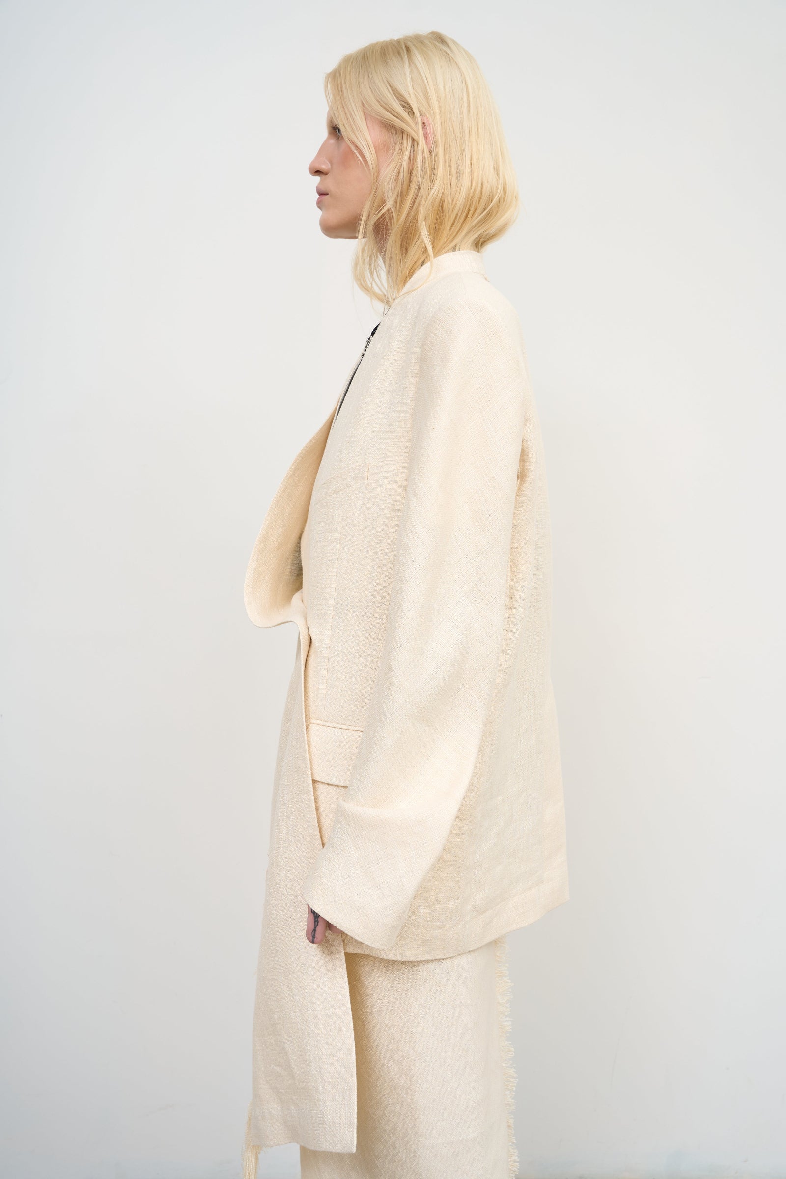 Linen Blend Jacket with Knee-Length Scarf and Fringe Detail 2