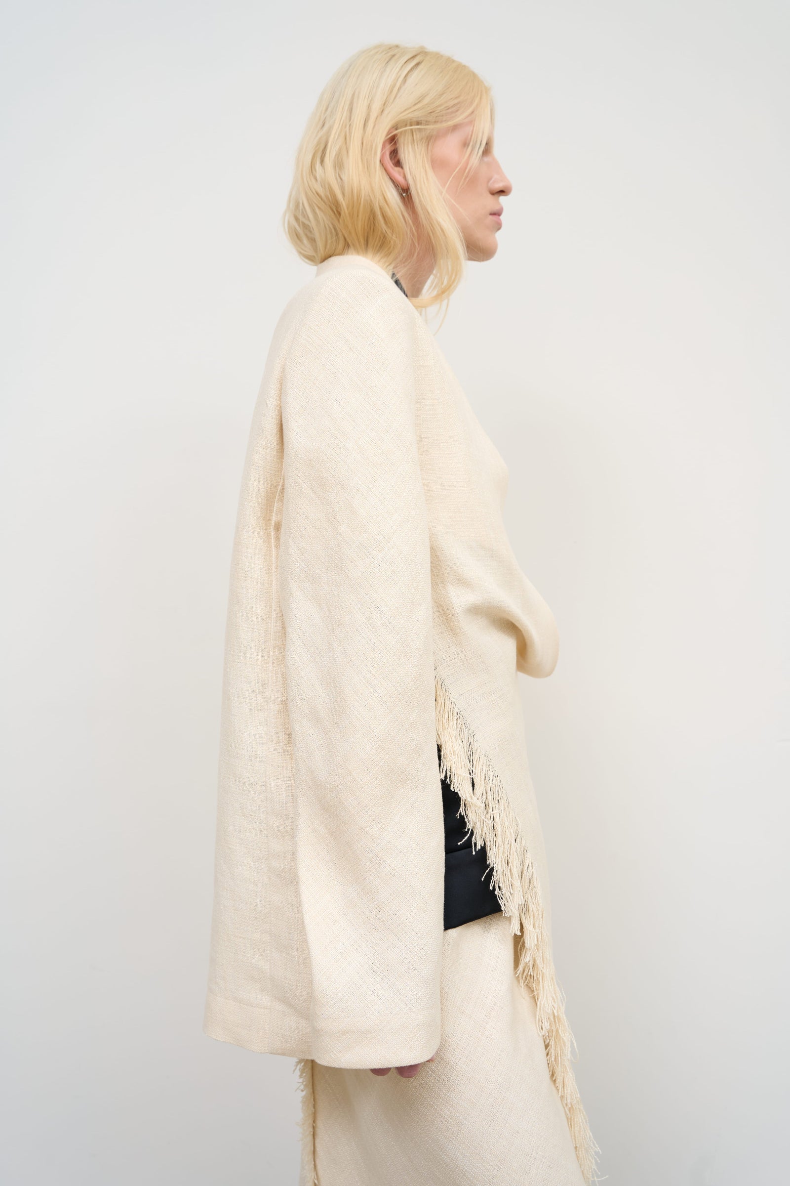 Linen Blend Jacket with Knee-Length Scarf and Fringe Detail 3