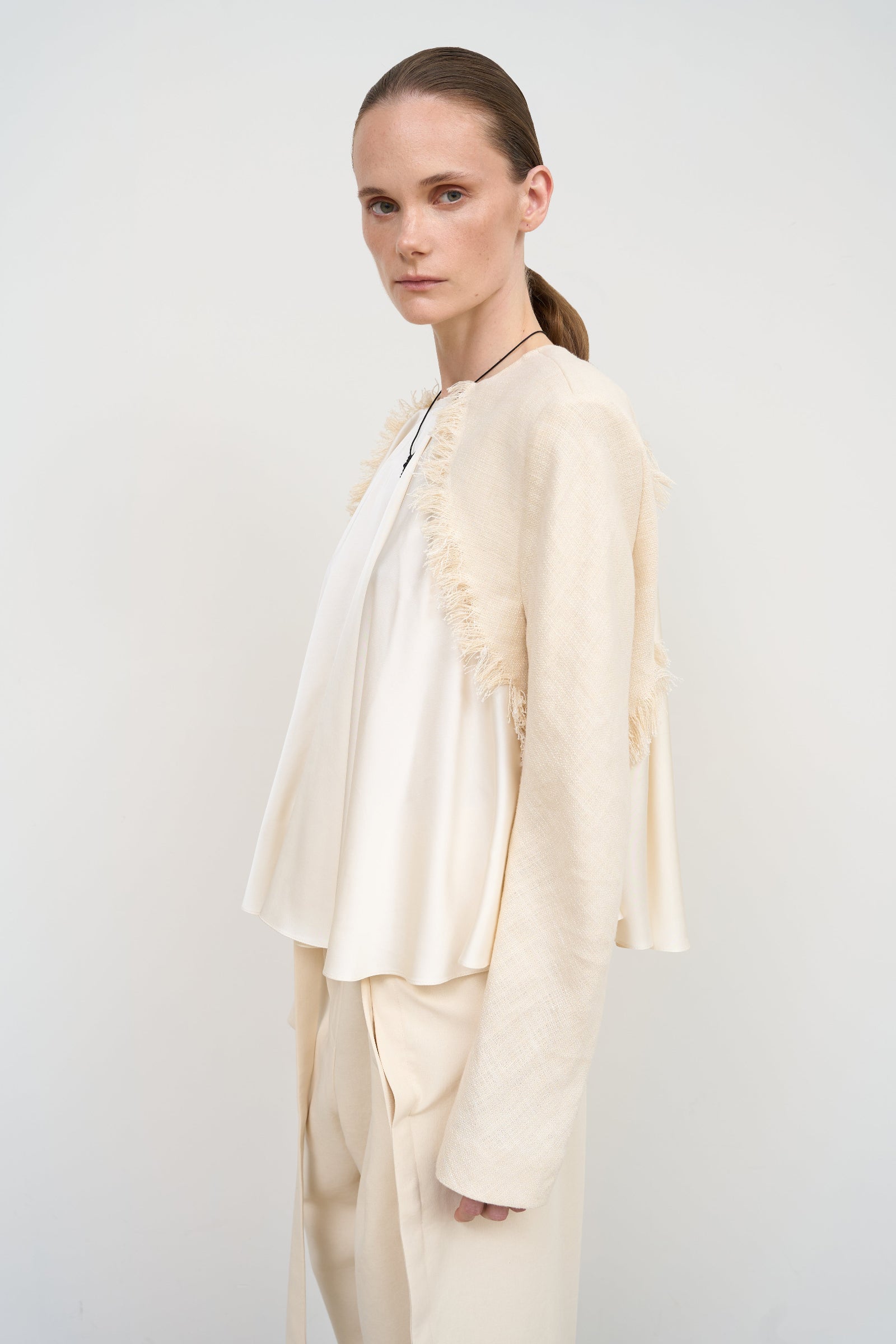 Loose-Fitted Beige Blouse with Structured Jacket Sleeves 2