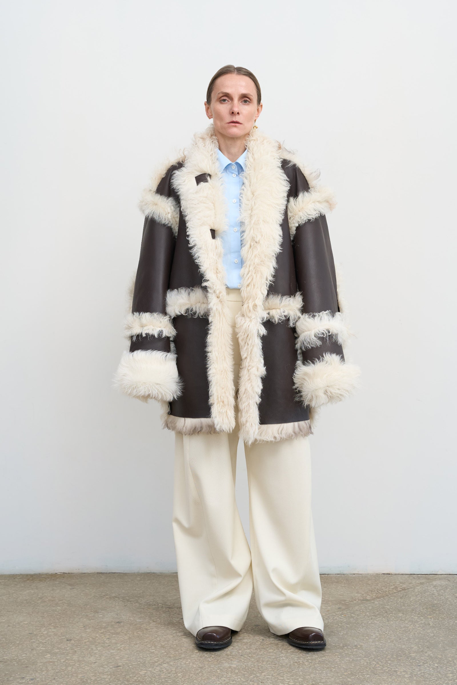 Reversible Shearling Coat in Brown and Ivory | LITKOVSKA
