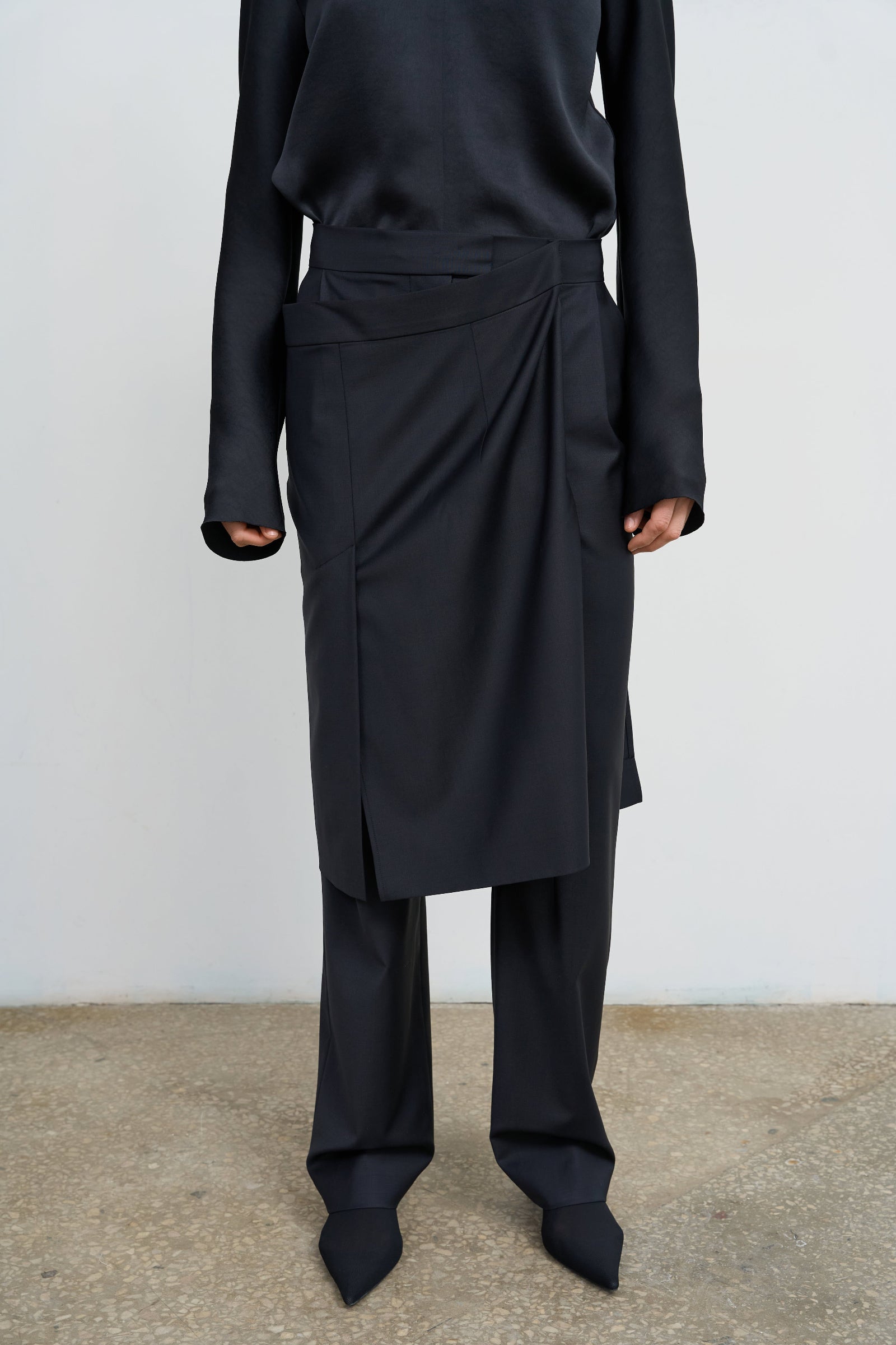 WOOL-BLEND PANTS WITH WRAP SKIRT OVERLAY