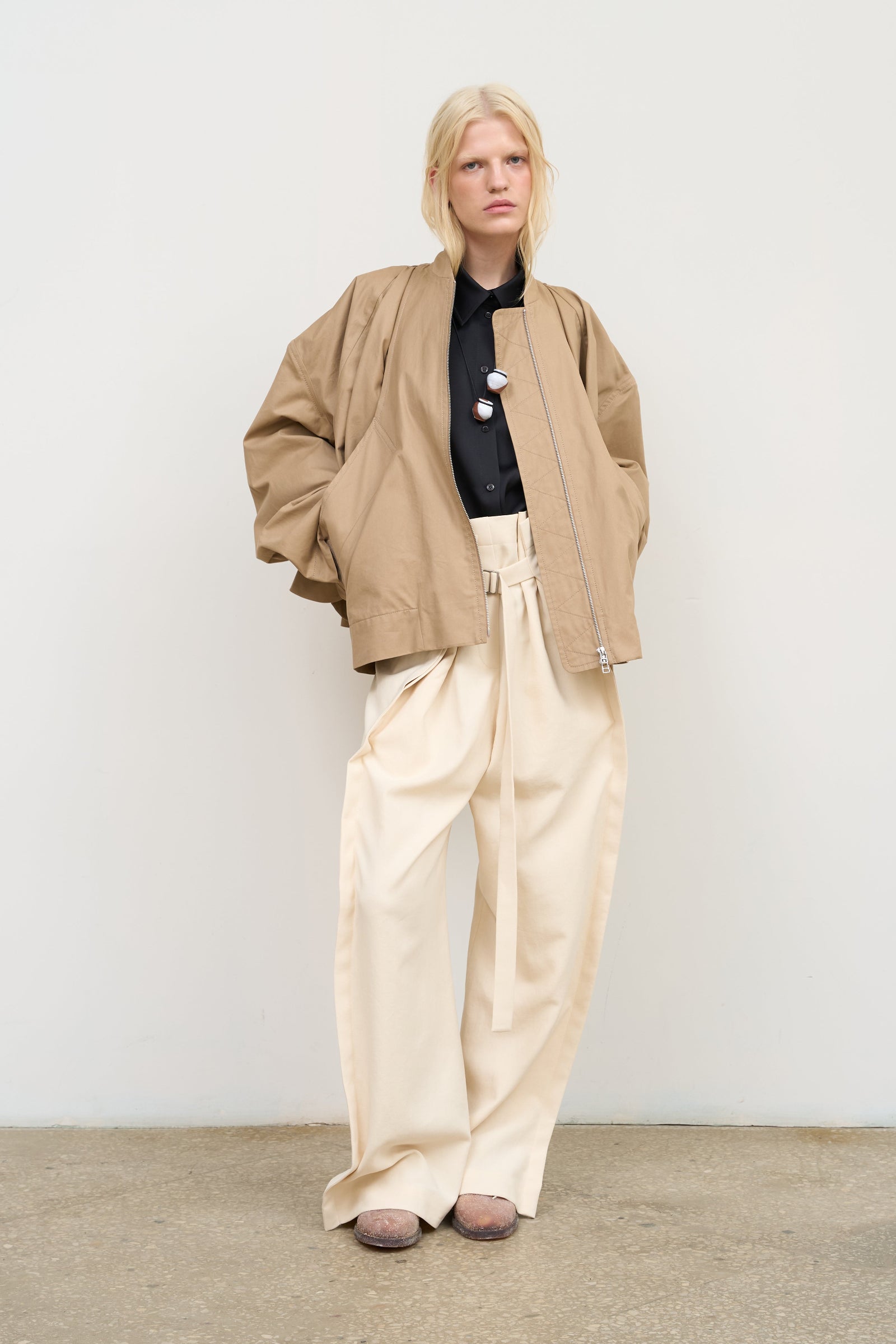 BEIGE CAPE OVERLAY BOMBER JACKET
