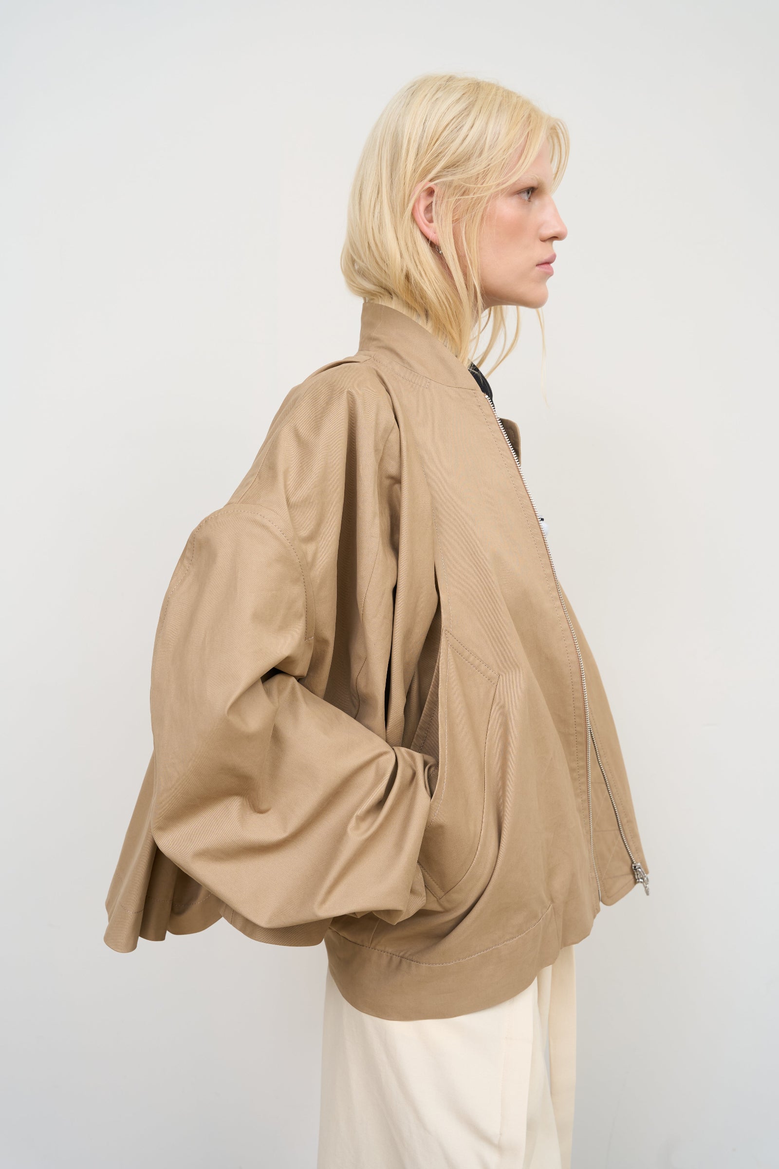 BEIGE CAPE OVERLAY BOMBER JACKET 2
