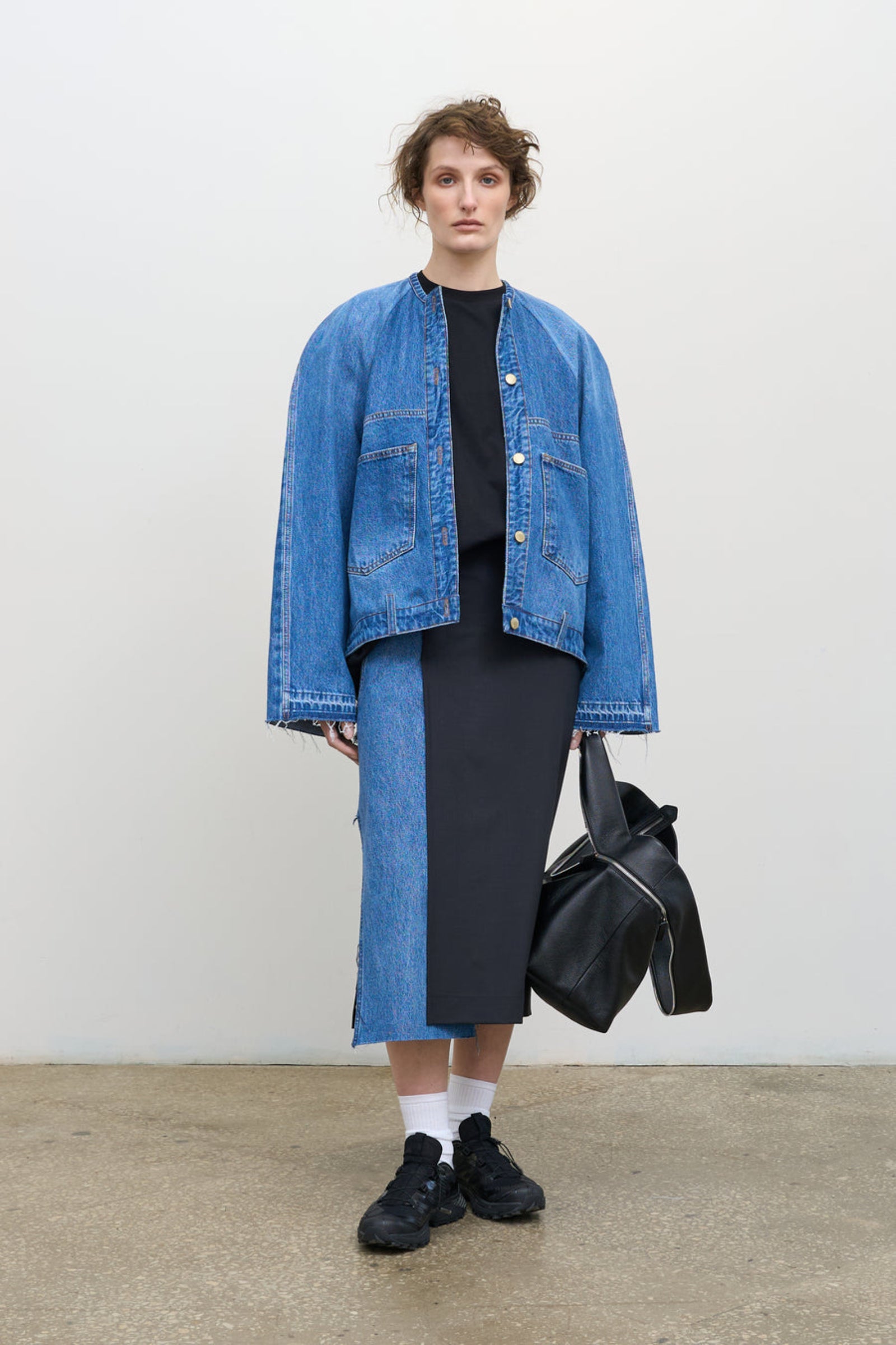 DECONSTRUCTED OFFSET-ZIP SKIRT WITH DENIM PANEL