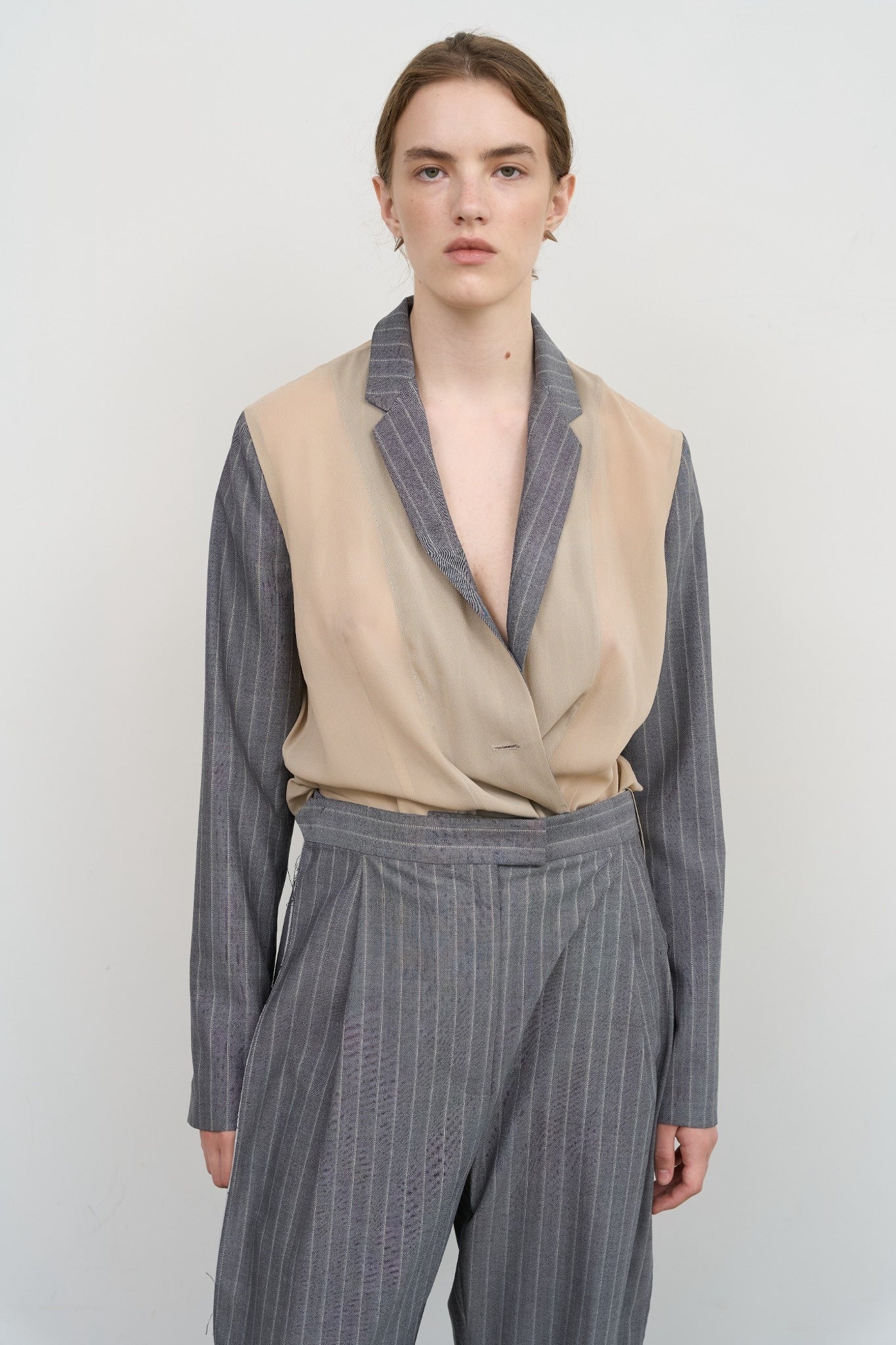 PINSTRIPED JACKET WITH CHIFFON PANELS