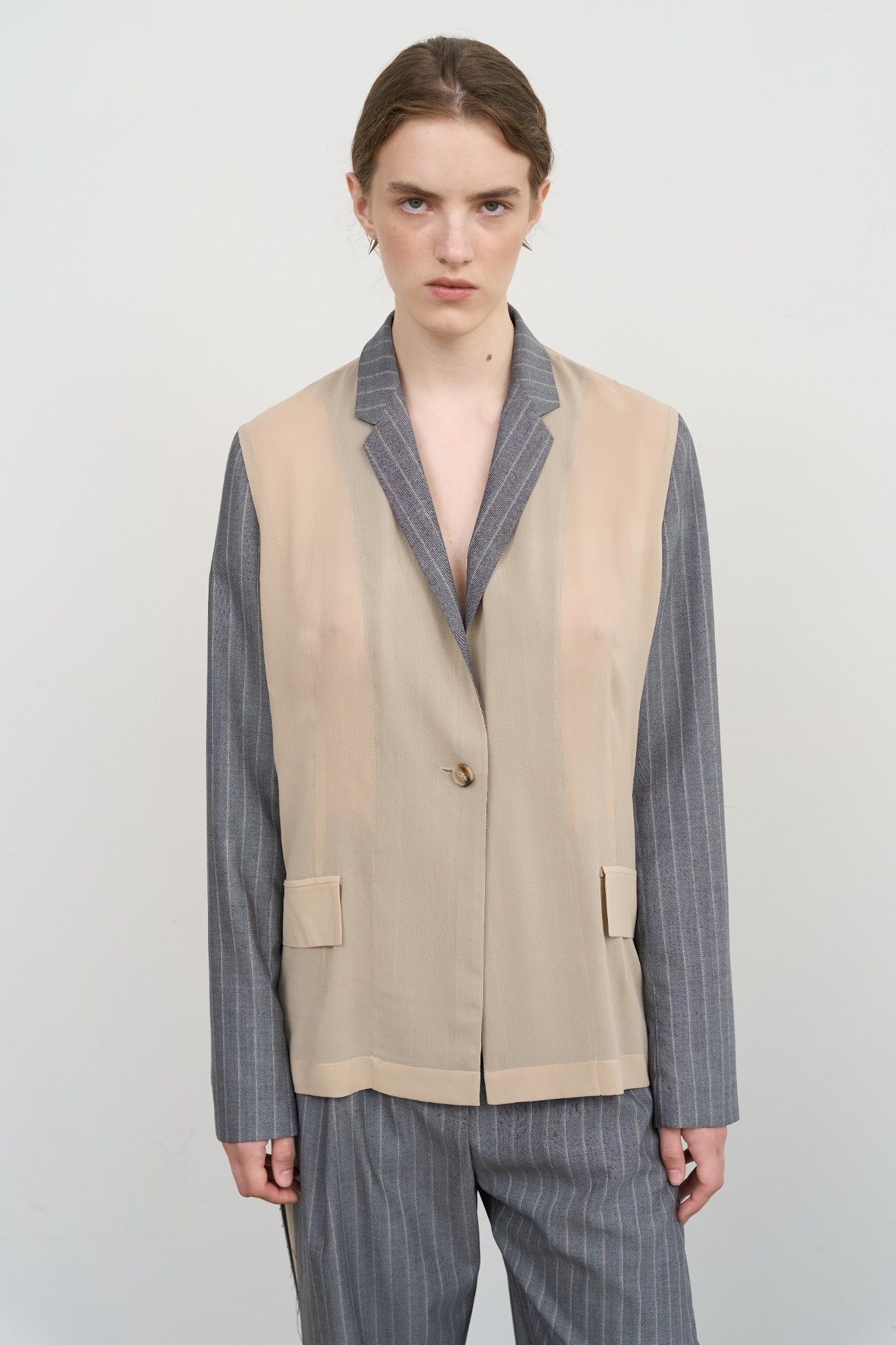 PINSTRIPED JACKET WITH CHIFFON PANELS