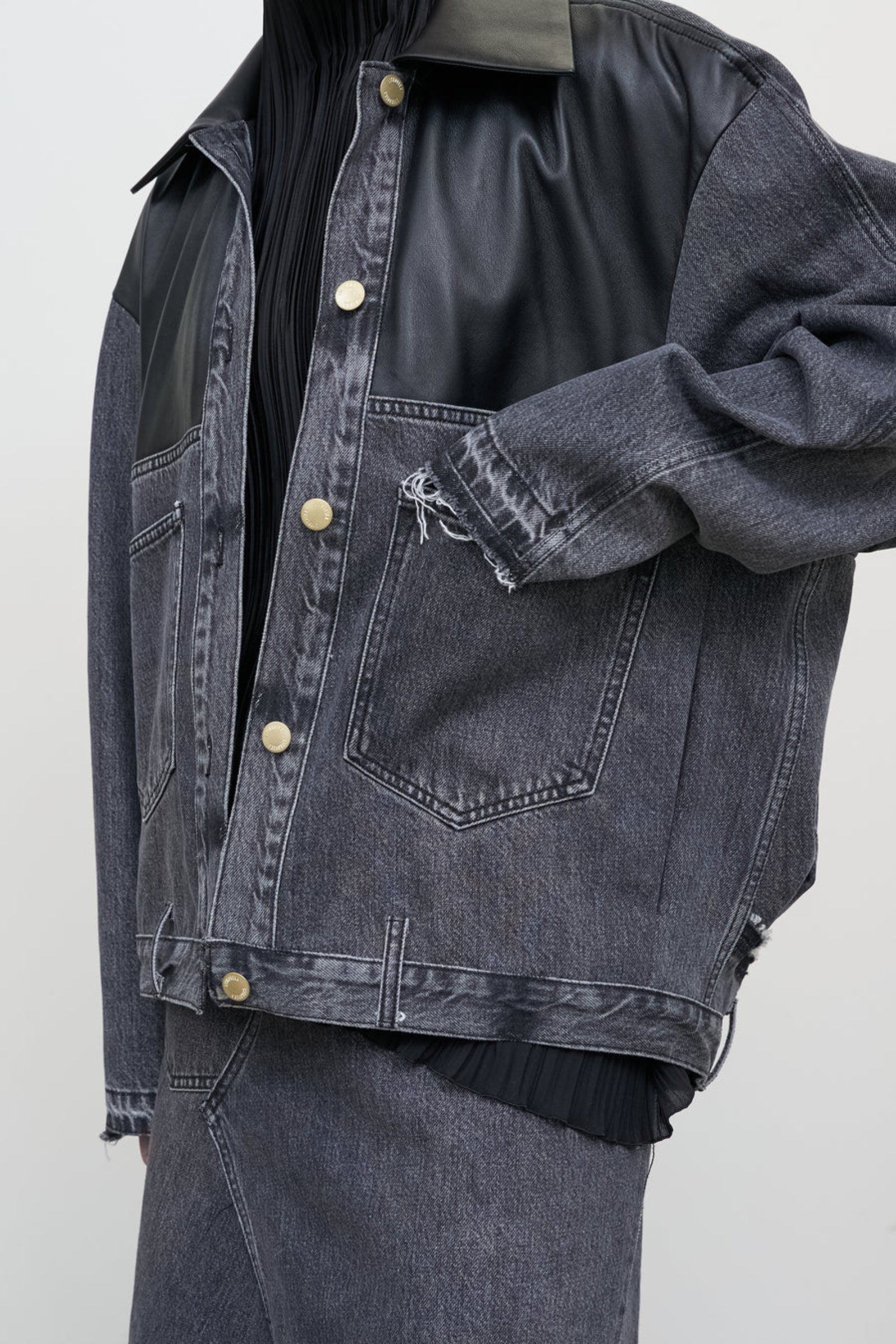 LEATHER PANELED DENIM JACKET