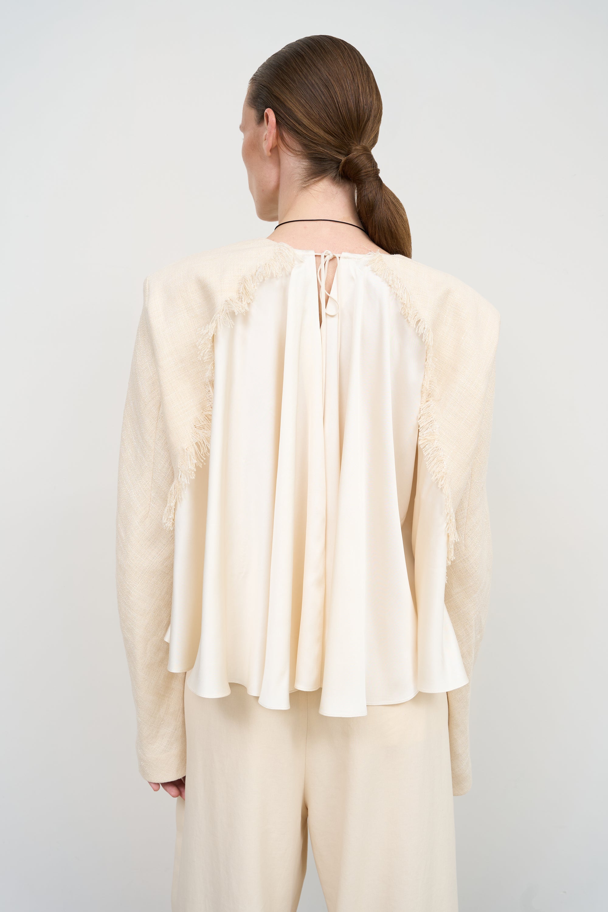 Loose-Fitted Beige Blouse with Structured Jacket Sleeves 3