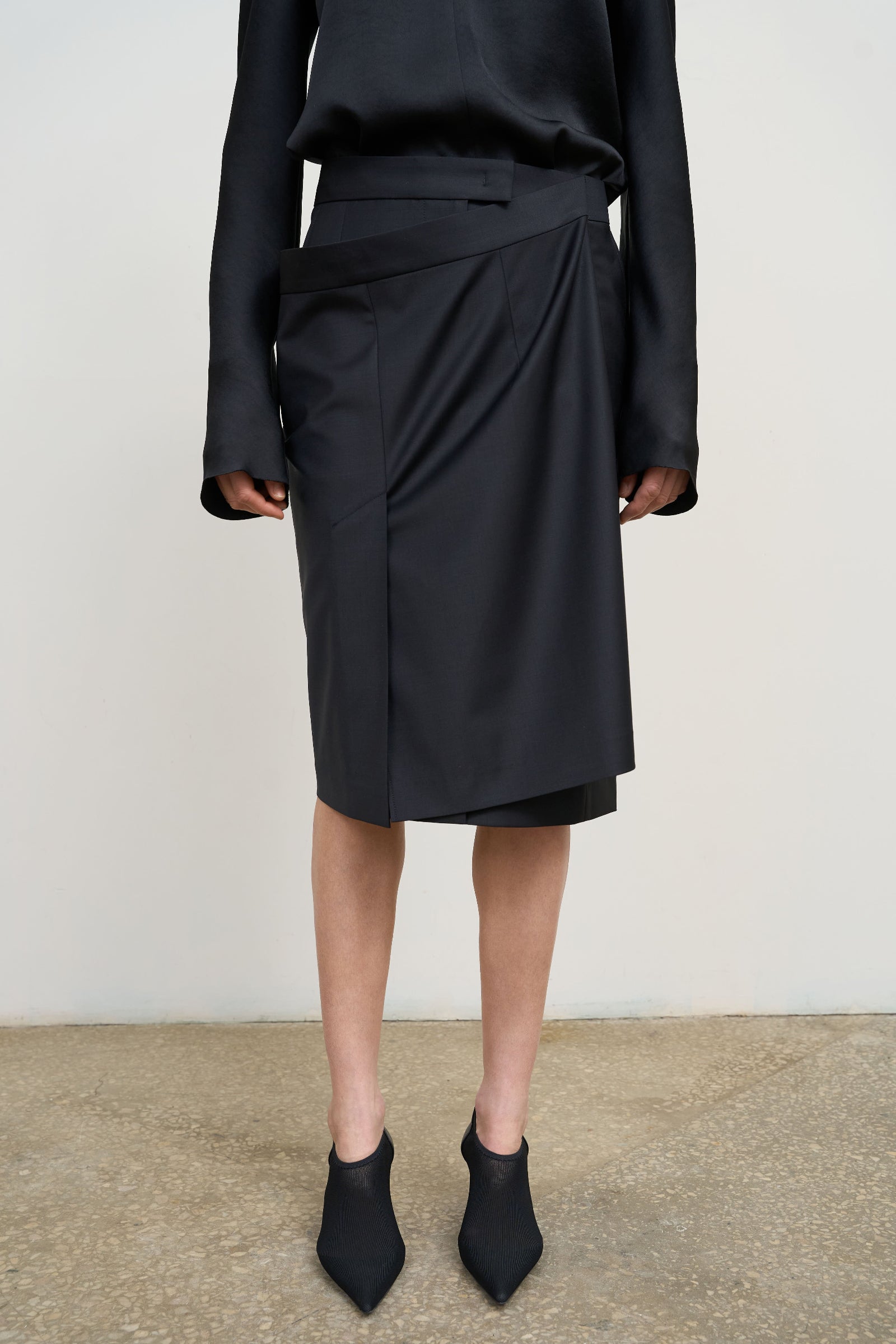 Midi Pencil Skirt With Skirt Overlay Black