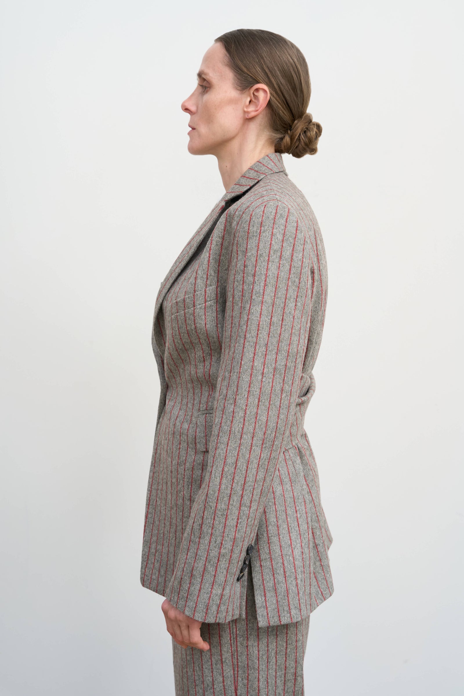 PINSTRIPED FITTED JACKET WITH TWISTED BACK DETAIL