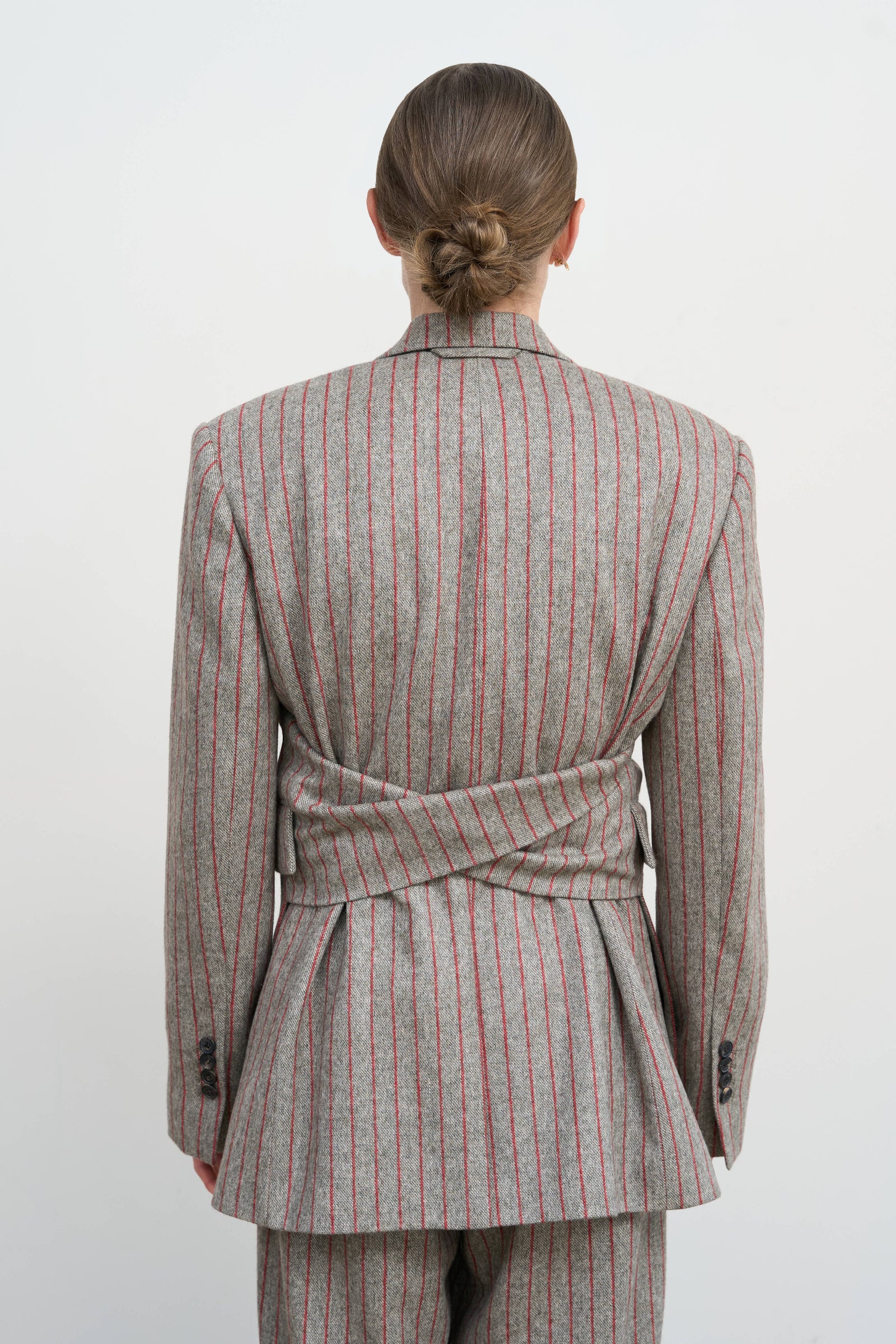 PINSTRIPED FITTED JACKET WITH TWISTED BACK DETAIL