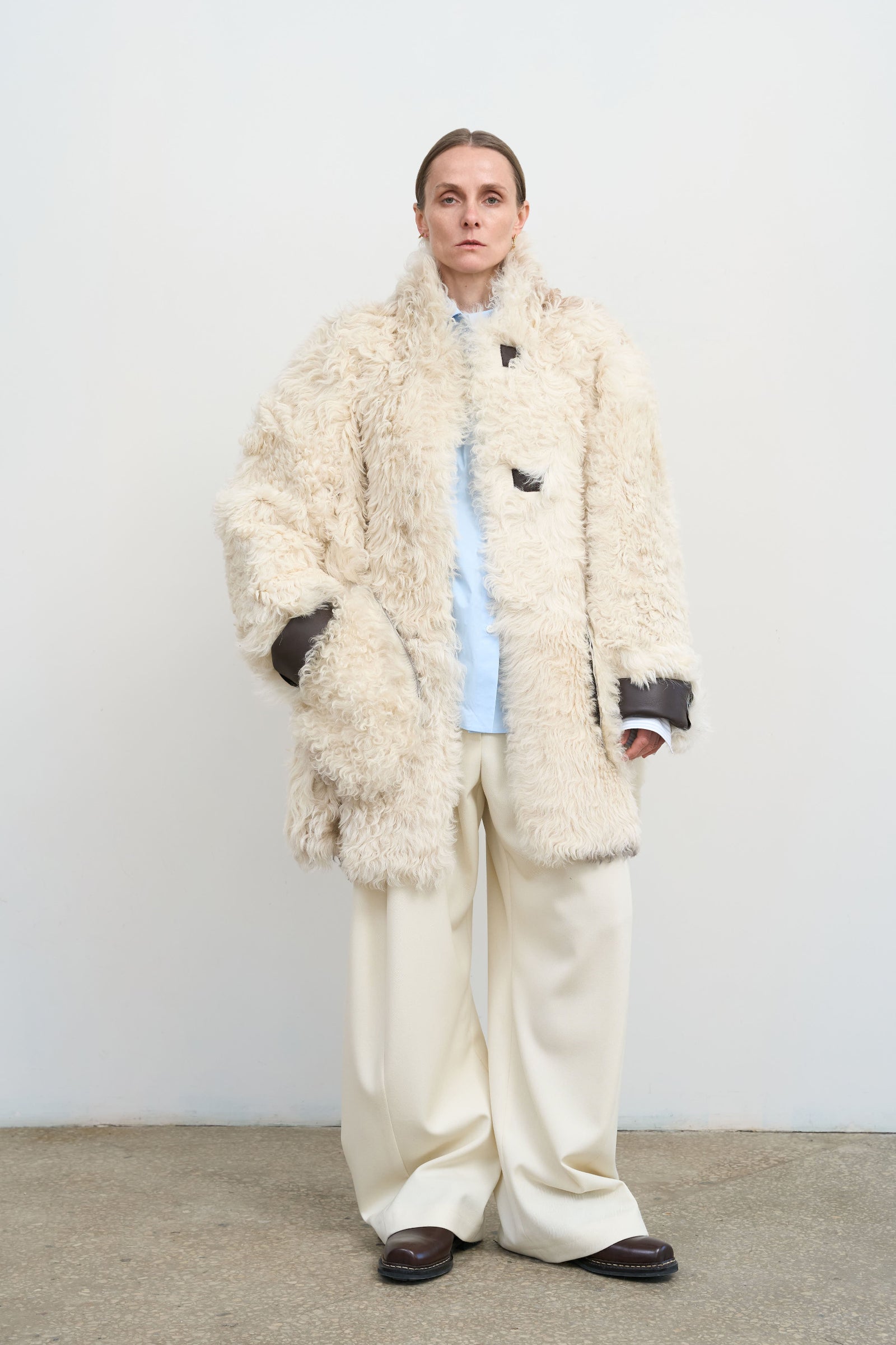 Reversible Shearling Coat in Brown and Ivory | LITKOVSKA