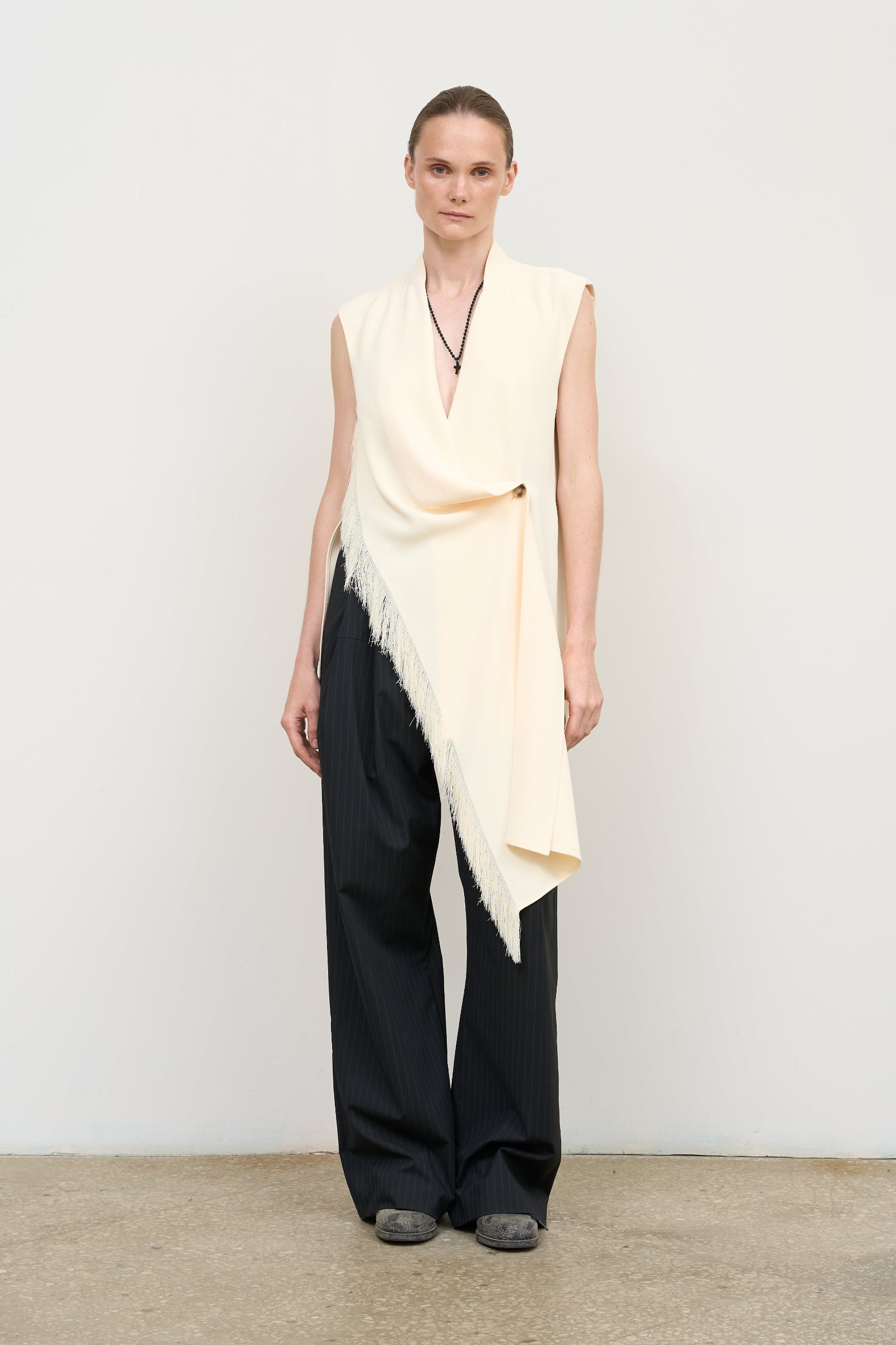 SOFT BLEND VEST WITH KNEE-LENGTH SCARF AND FRINGE DETAIL front