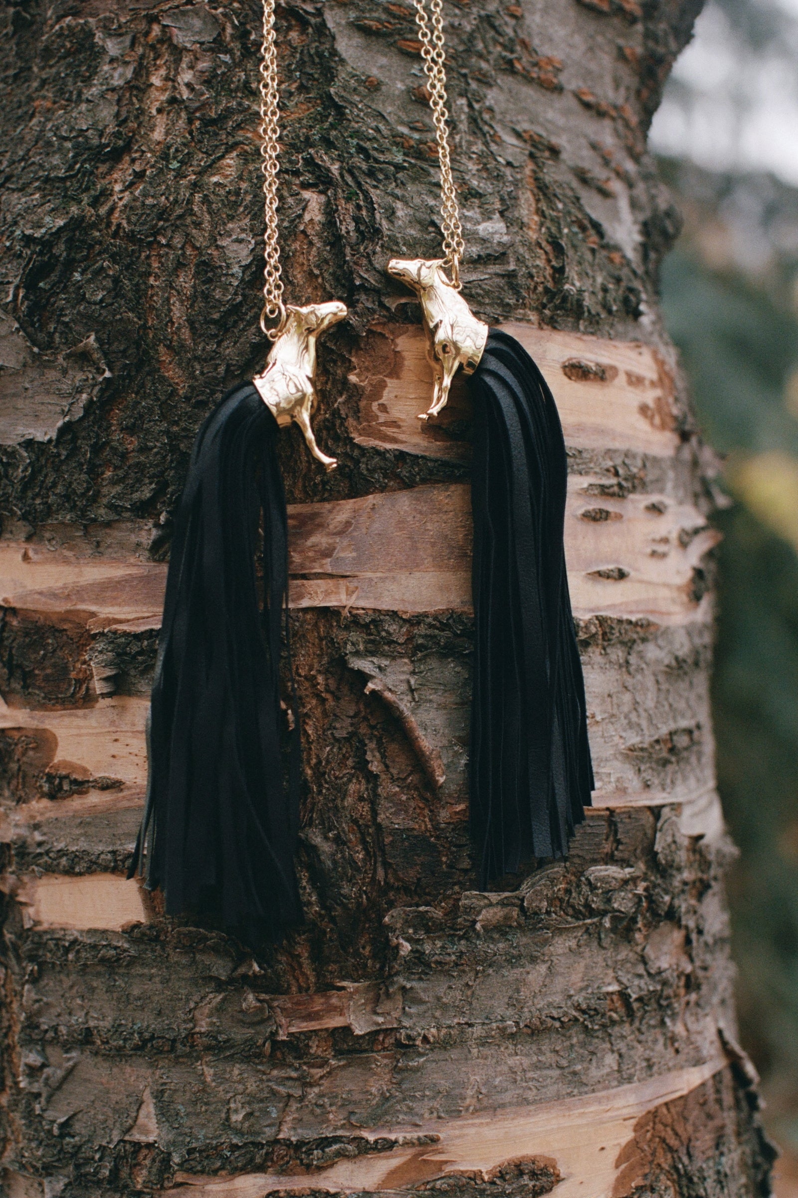 Spirit Gold-Plated Pendant with Black Leather-Fringed Tail