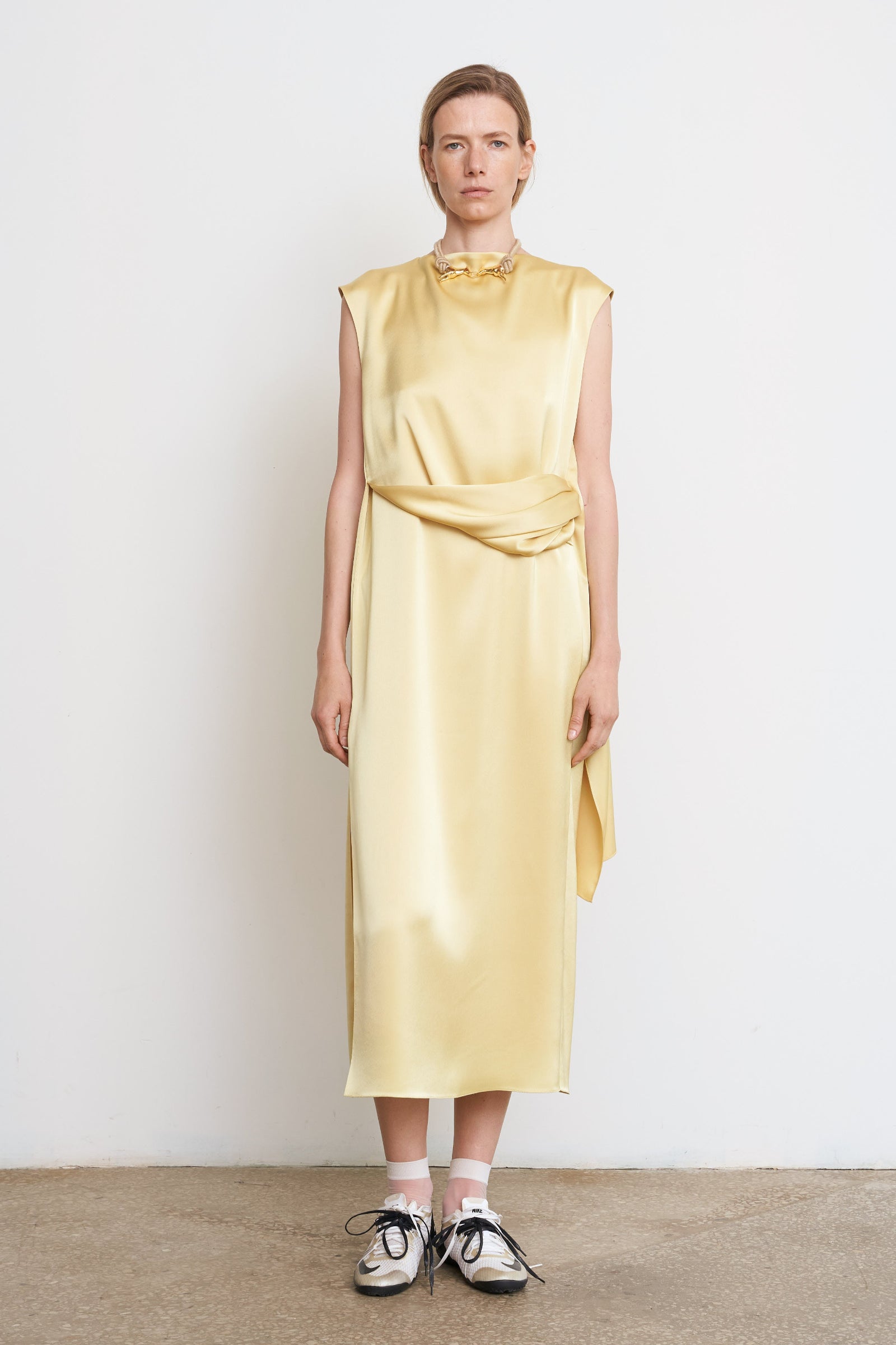 WAIST TWISTED SATIN DRESS YELLOW