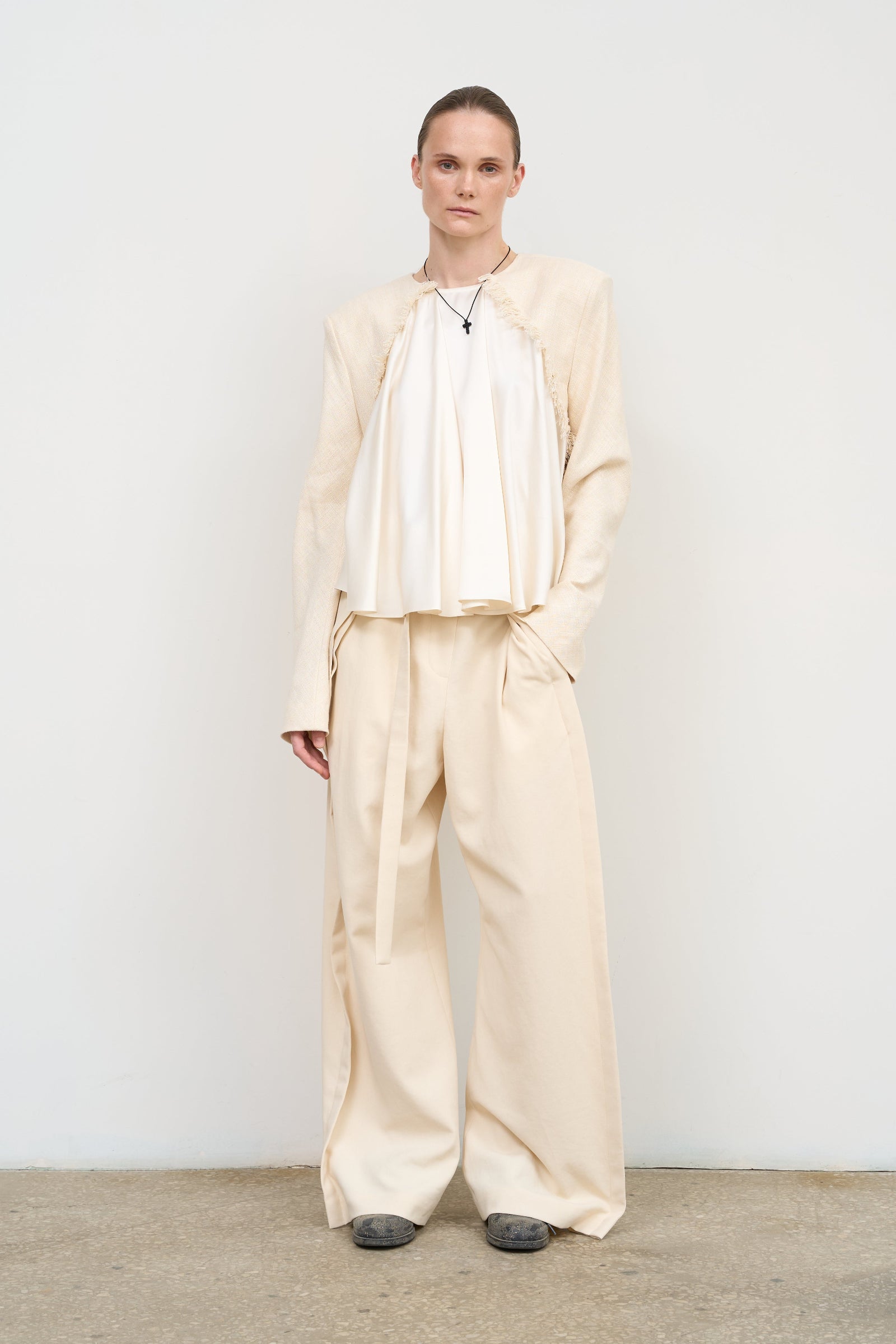 WIDE COTTON PANTS WITH ADJUSTIBLE WAIST Ivory