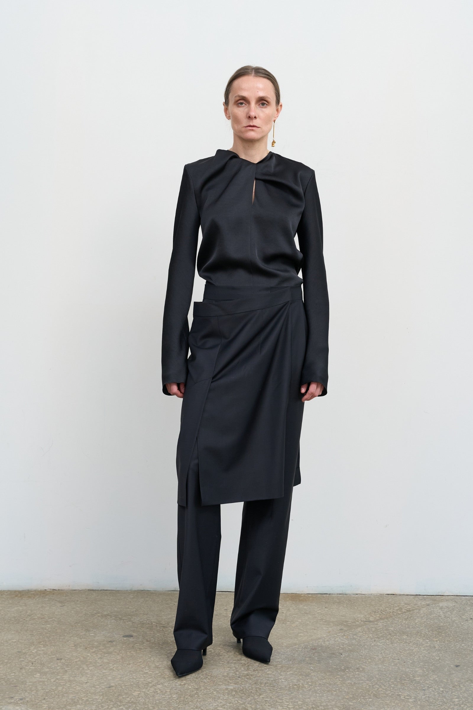 WOOL-BLEND PANTS WITH WRAP SKIRT OVERLAY