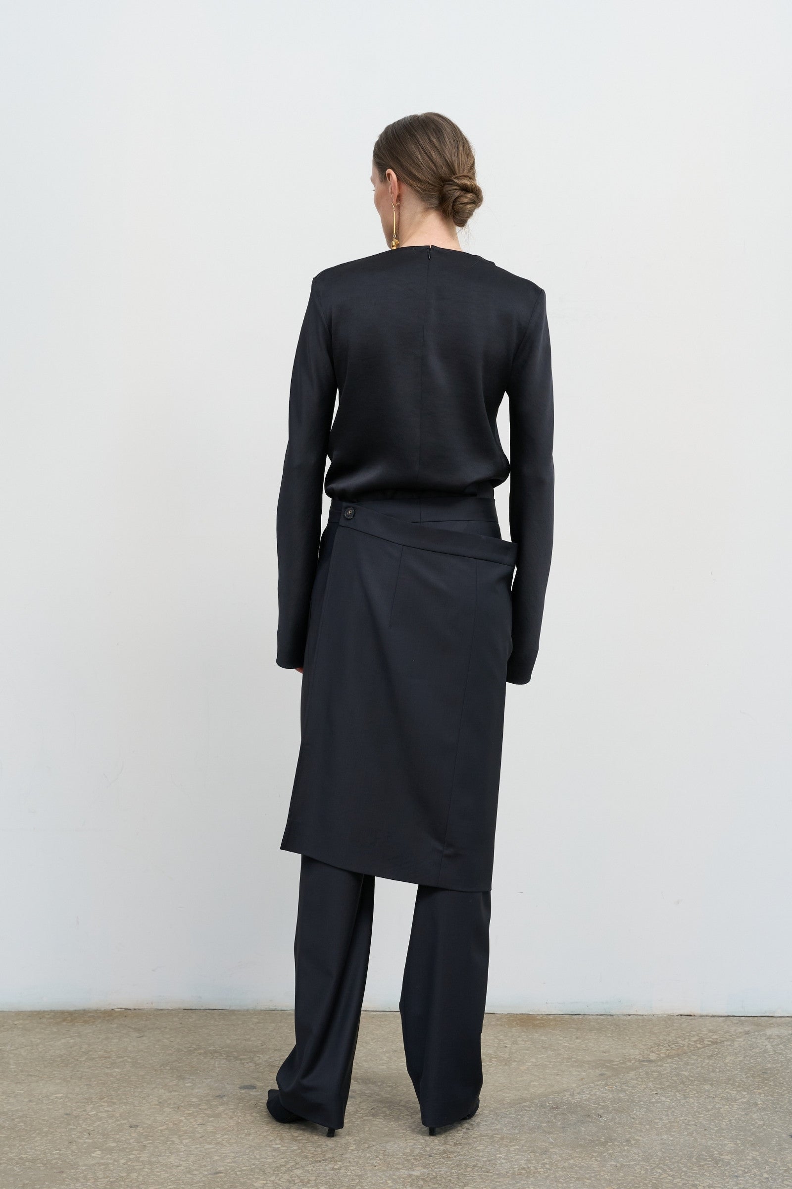 WOOL-BLEND PANTS WITH WRAP SKIRT OVERLAY