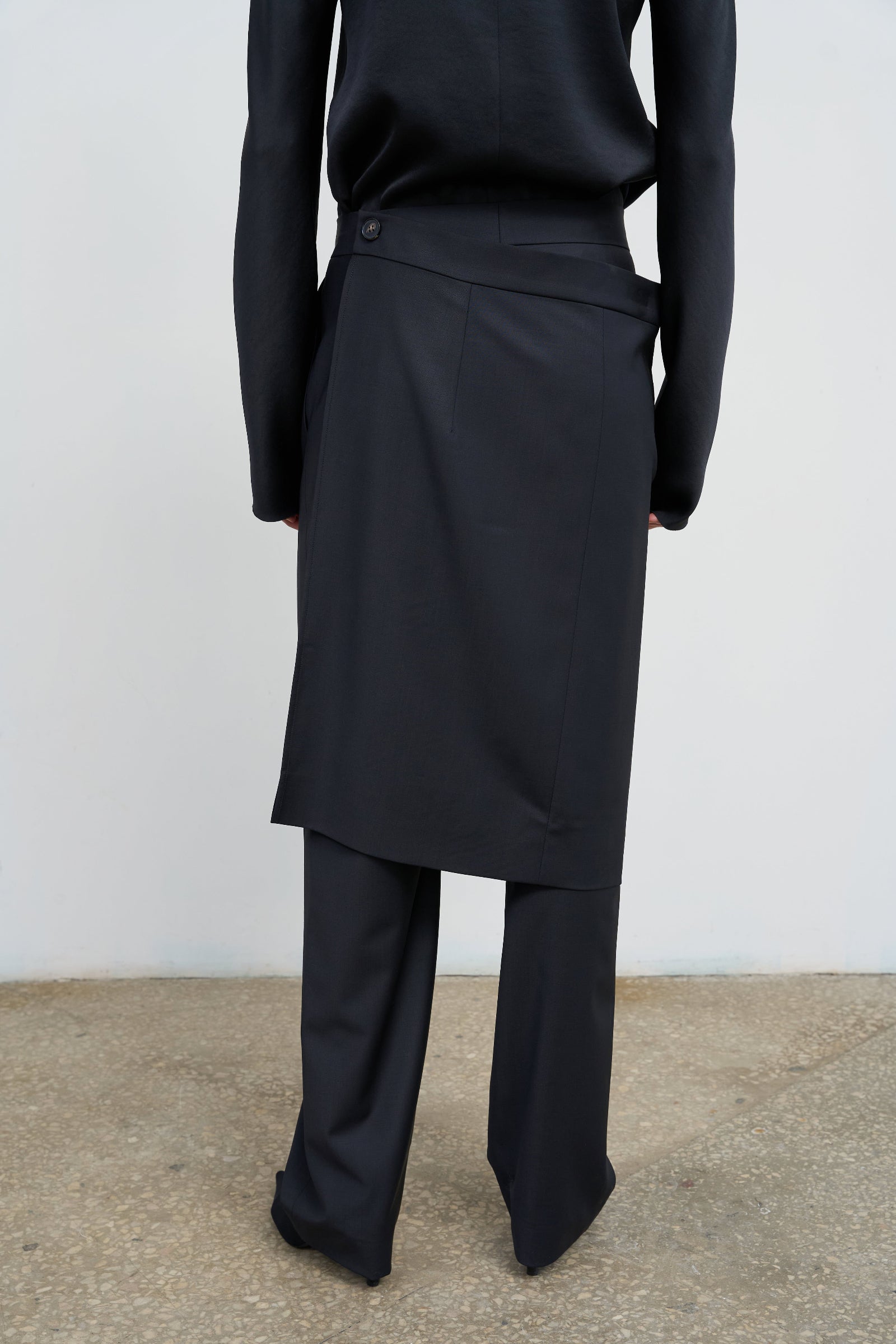 WOOL-BLEND PANTS WITH WRAP SKIRT OVERLAY