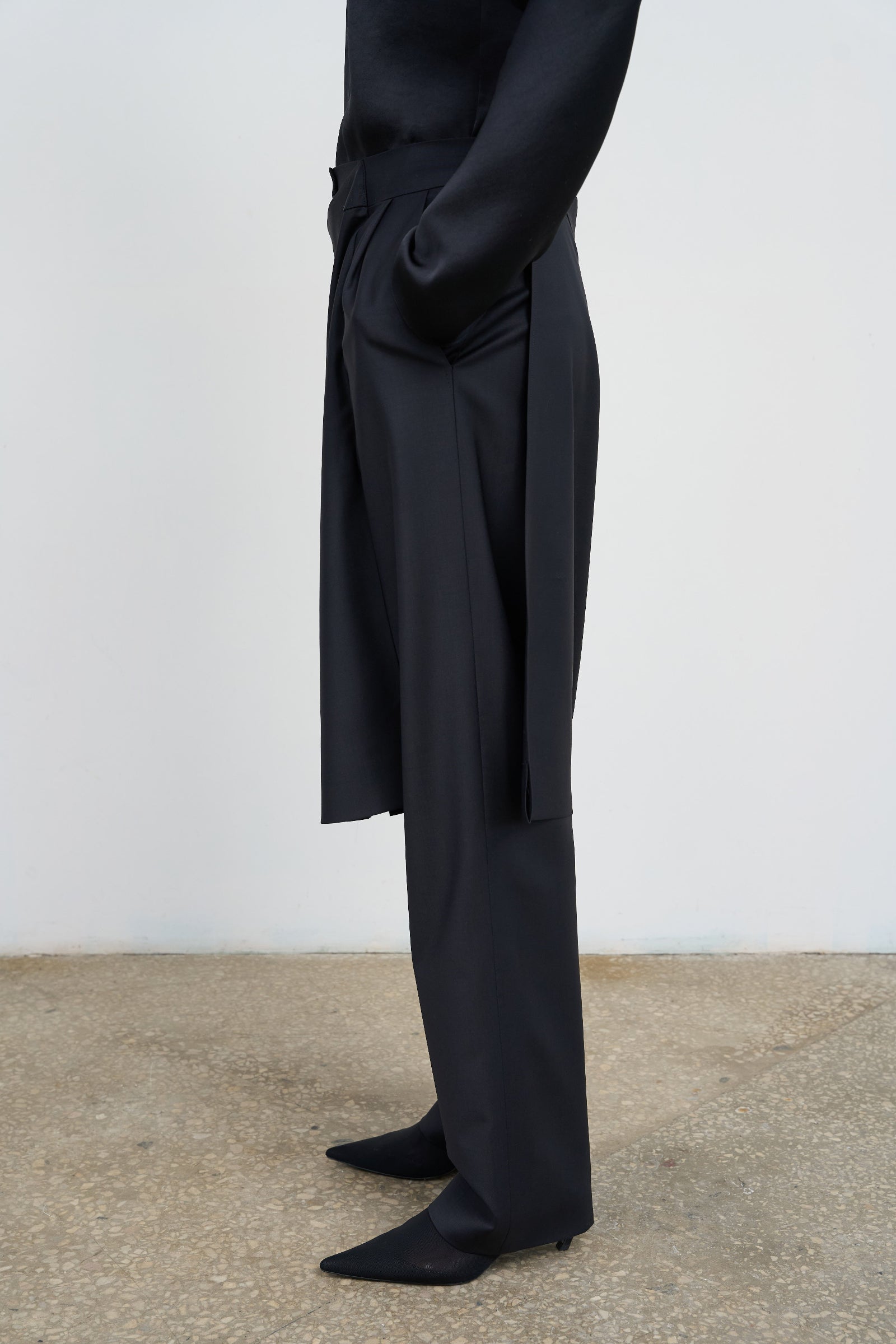 WOOL-BLEND PANTS WITH WRAP SKIRT OVERLAY