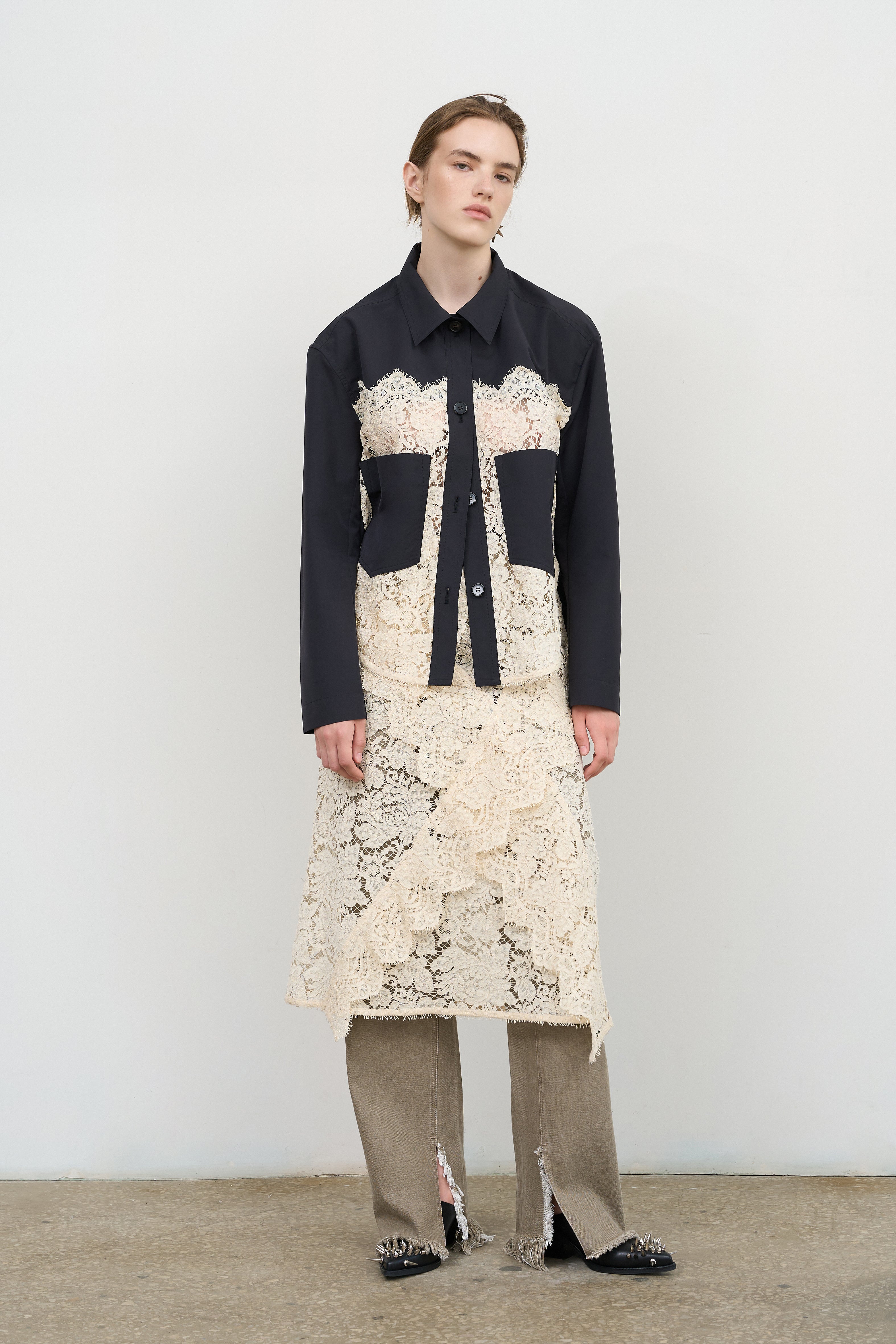 CROPPED WOOL BLEND JACKET WITH LACE PANELS – Litkovska