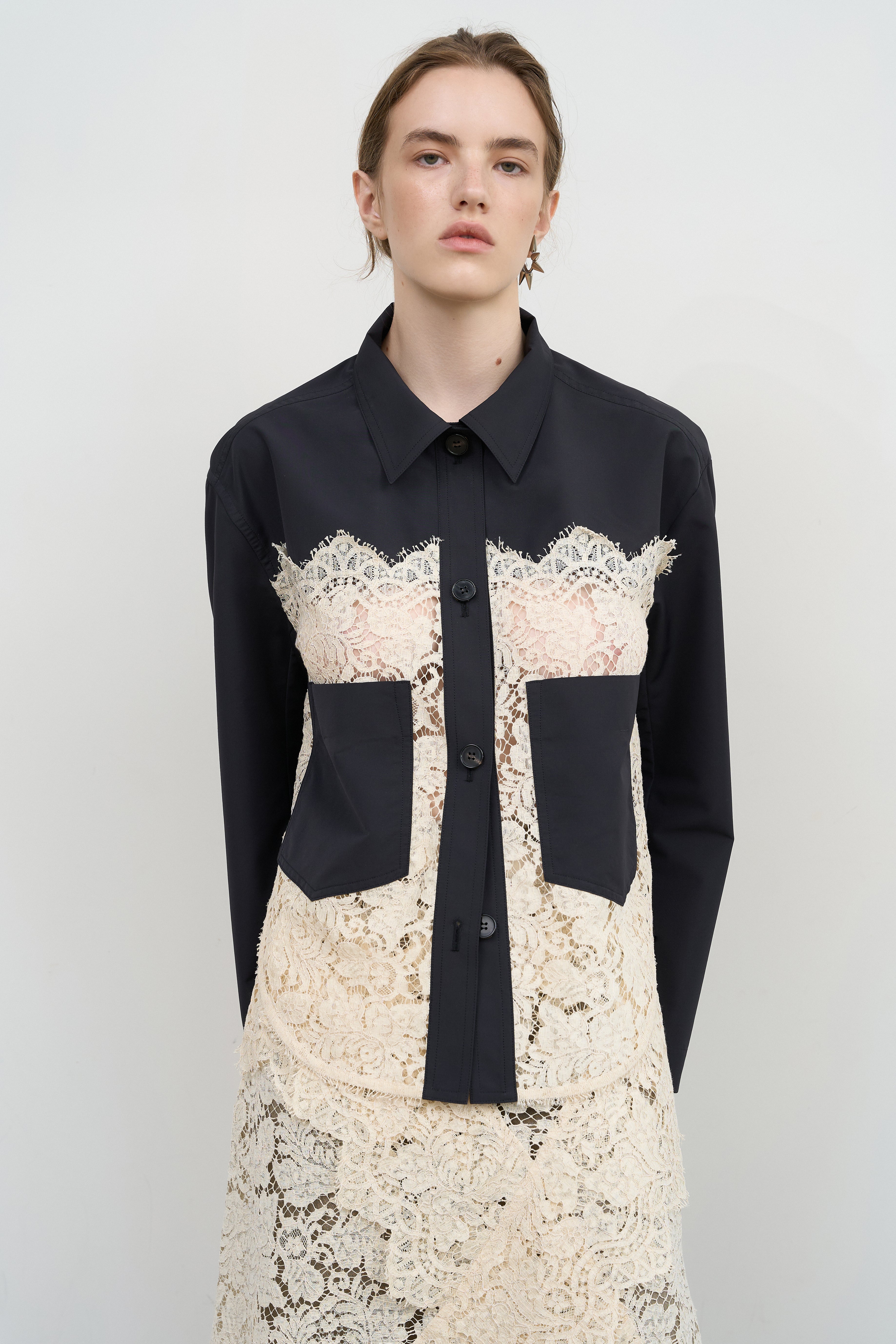 CROPPED WOOL BLEND JACKET WITH LACE PANELS – Litkovska